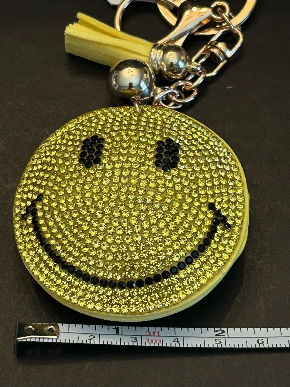 PREMIUM Puffy Yellow, Black & Gold Smiley Face Crystal Bag Charm Keychain NWT